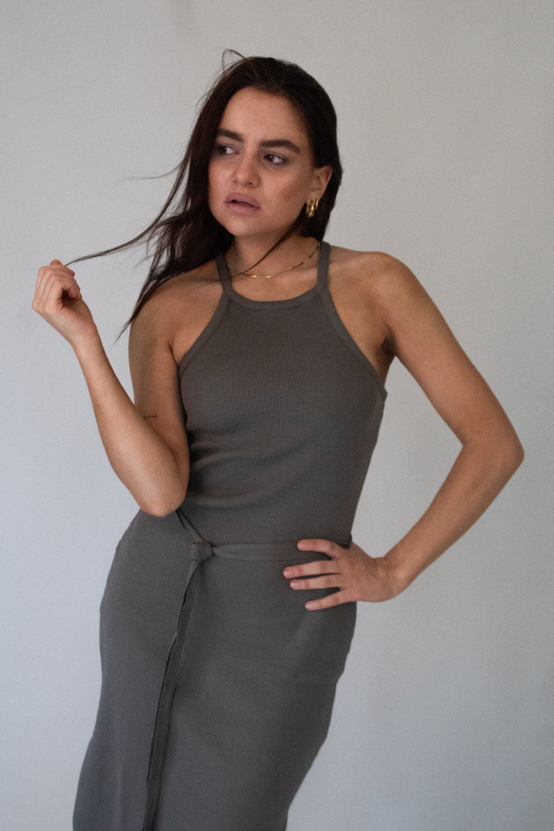 Kleid Bella Bio-Baumwolle Olive elegant nachhaltig GOTS — Ansicht 3
