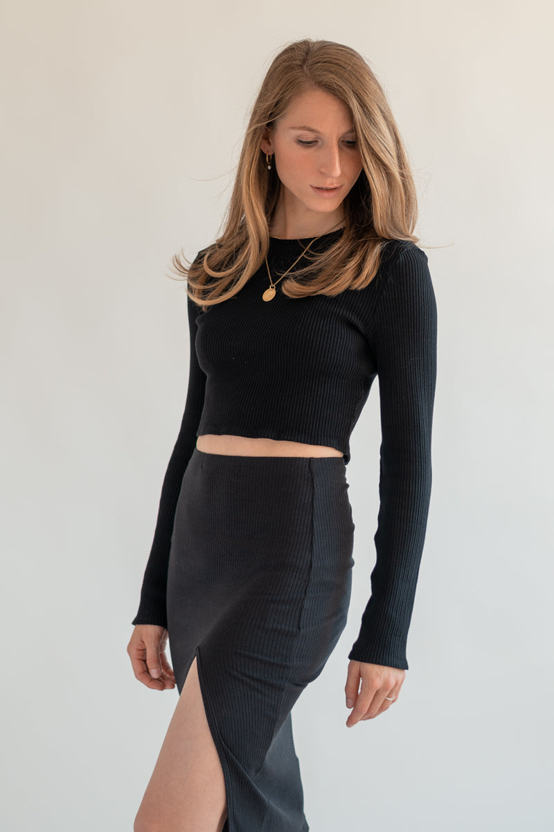 Long-Sleeve Crop Top ELLA Organic Cotton Black GOTS Certified — Ansicht 3