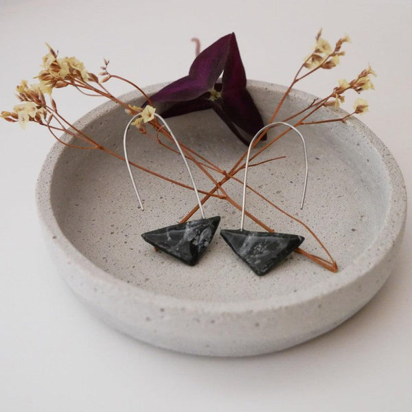 Triangle Earrings Black Marble – Cold Porcelain & Stainless Steel