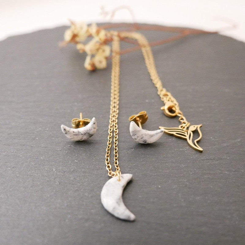 Moon Necklace & Stud Earrings Set – Handmade Cold Porcelain — Ansicht 2