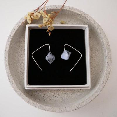 Square earrings grey-blue marbled cold porcelain stainless steel