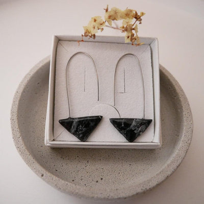 Triangle Earrings Black Marble – Cold Porcelain & Stainless Steel