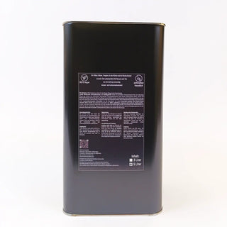 Rückseite des 5 l Kanisters premium wood elixir – mit Inhaltsstoffen, Anwendungshinweisen und Sicherheitshinweisen für die natürliche Holzpflege