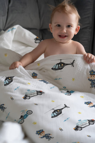 Leslis "Polizei" Kinderbettwäsche – Musselin/Satin | OEKO‑TEX 100 | Kleine Ordnungshüter