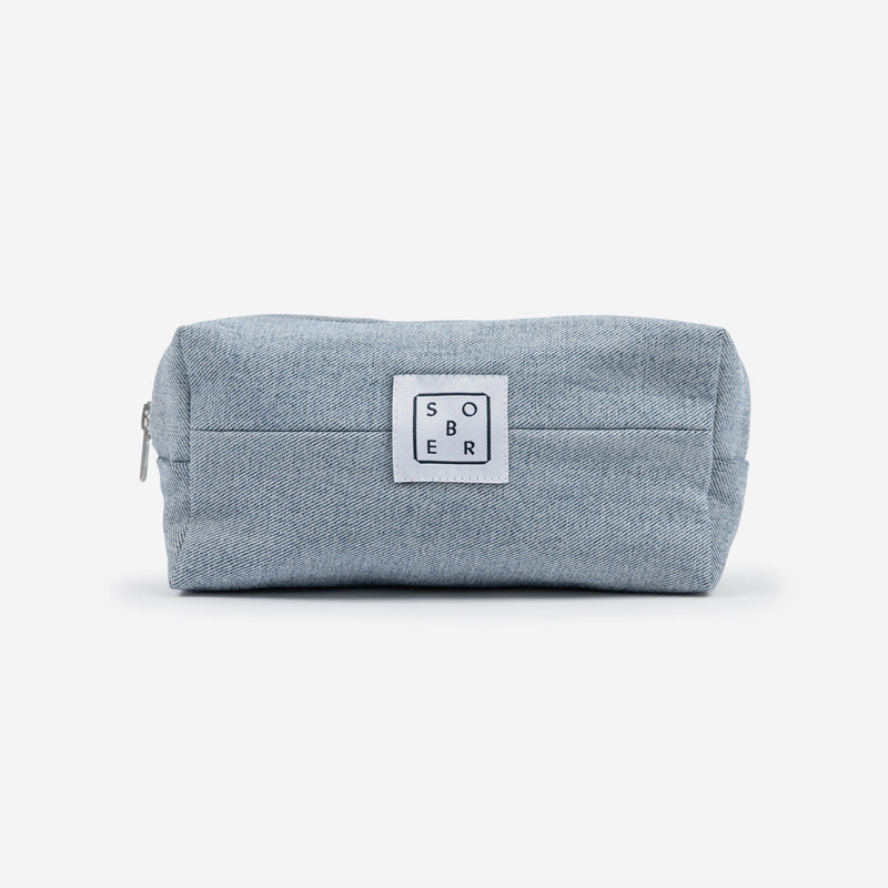 Denim Wash Bag – Upcycled toiletry bag made from leftover denim fabric — sober