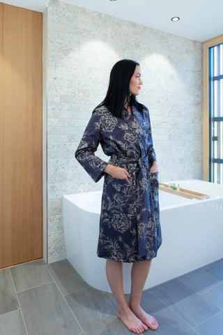 Satin Kimono Indigo Peony 100% mercerized cotton satin 300 TC