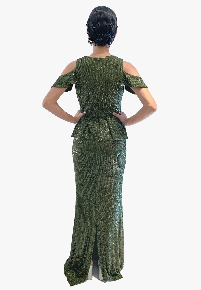Meghan Dress – Olive Green Sequins, Cut-Out Shoulders, EU Elegance — Ansicht 2