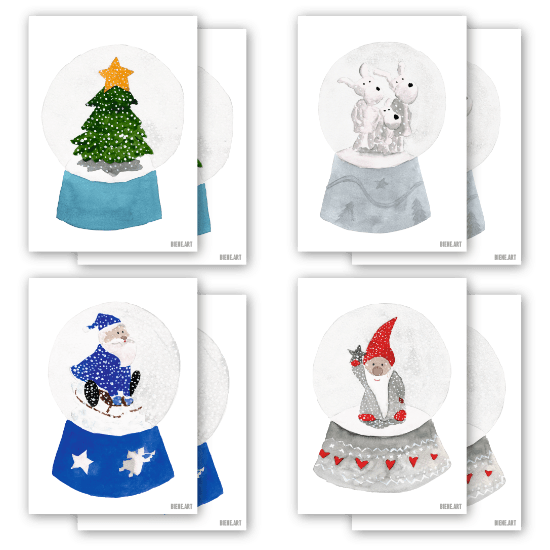 Christmas postcard set with watercolor snow globes | Set of 8 | Recycled paper — BIENE.ART