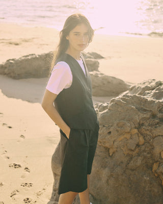 Model trägt eine schwarze Bermuda aus zertifizierter Wolle in seitlicher Ansicht am Felsenstrand.