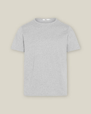 WOTE Boyfriend T-Shirt in Graumelange mit Rundhalsausschnitt und kurzen Ärmeln, Vorderansicht vor neutralem Hintergrund.