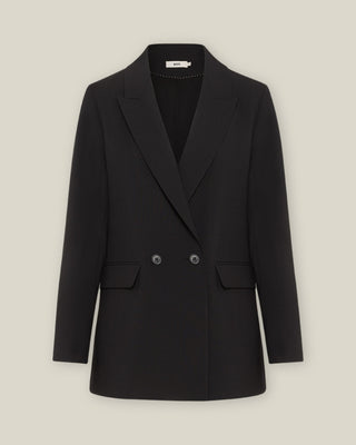 Schwarzer Damenblazer von WOTE aus nachhaltiger Tuchwolle, klare Frontansicht der Produktaufnahme vor hellem Hintergrund.