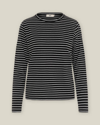WOTE Damen-Longsleeve aus Bio-Baumwolle in Schwarz mit offwhitefarbenen Streifen, langen Ärmeln und Rundhalsausschnitt, freigestellte Vorderansicht.