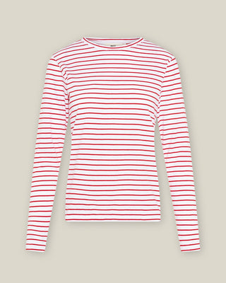 Damen Longsleeve in Weiß-Rot gestreift aus Bio-Baumwolle von WOTE – freigestelltes Produktbild