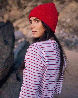 Damen Longsleeve in Weiß-Rot gestreift aus Bio-Baumwolle von WOTE – linke Seitenansicht