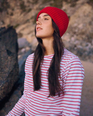 Damen Longsleeve in Weiß-Rot gestreift aus Bio-Baumwolle von WOTE – linke Seitenansicht