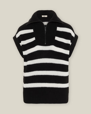 Damen Strick Troyer aus Bio-Baumwolle in Schwarz-Weiß von WOTE, Flatlay-Ansicht mit markantem Troyerkragen und horizontalem Streifenmuster.