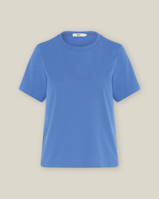 Blaues Damen T-Shirt mit Rundhalsausschnitt aus Bio-Baumwolle, freigestellte Ansicht