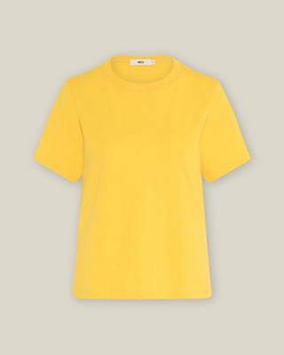 Gelbes Damen T-Shirt mit Rundhalsausschnitt aus Bio-Baumwolle, freigestellt