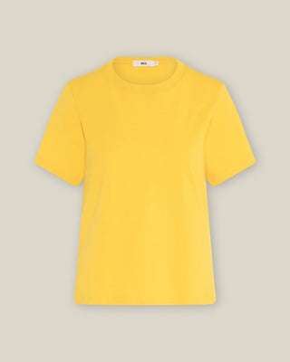 Gelbes WOTE Damen-T-Shirt mit Rundhalsausschnitt und kurzen Ärmeln, Vorderansicht vor neutralem Hintergrund.