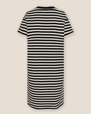 Oversized Damen T-Shirt-Kleid in Schwarz-Offwhite gestreift aus Bio-Baumwolle, Rückenansicht freigestellt.