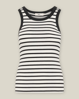 Freigestelltes offwhite-schwarz gestreiftes Damen Tanktop in New-Shape-Passform aus Bio-Baumwolle mit höherem Rundhalsausschnitt von WOTE