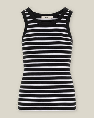 Gestreiftes Damen Tank Top im New-Shape-Schnitt in Schwarz-Offwhite aus Bio-Baumwolle mit Elasthan von WOTE, figurbetonte Passform, freigestellte Ansicht