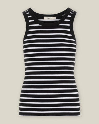 Gestreiftes Damen Tank Top im New-Shape-Schnitt in Schwarz-Offwhite aus Bio-Baumwolle mit Elasthan von WOTE, figurbetonte Passform, freigestellte Ansicht