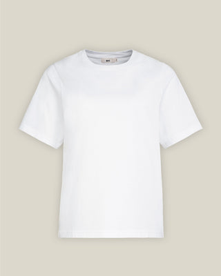 Weißes Relaxed-Fit Rundhals T-Shirt aus Bio-Baumwolle für Damen, Frontansicht als freigestellter Produkt-Packshot.