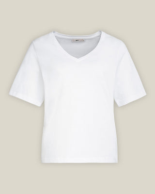 Freigestelltes weißes Damen V-Neck T-Shirt aus Bio-Baumwolle mit V-Ausschnitt