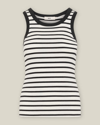 Offwhite-schwarz gestreiftes Ripp-Tanktop New Shape mit schwarzem Rundhalsausschnitt und breiten Trägern, Vorderansicht.